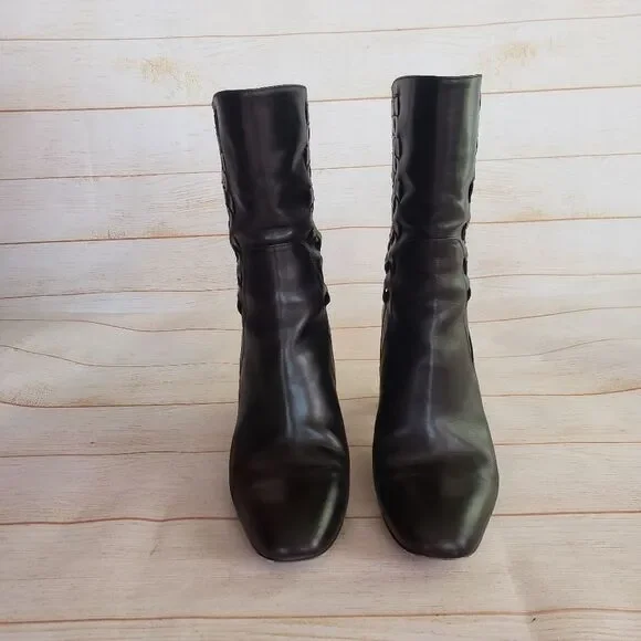 Bellofatto Leather Woven Detail Almond Toe Heeled Boots Booties Black Size 38